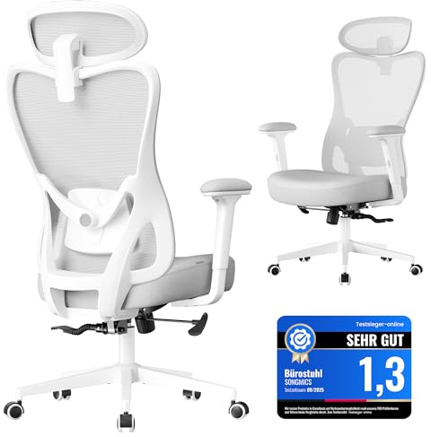 SONGMICS Bürostuhl ergonomisch, Schreibtischstuhl, Computerstuhl, verstellbare Lenden- und Kopfstütze, bis 150 kg belastbar, höhenverstellbar, Taubengrau OBN066GD01