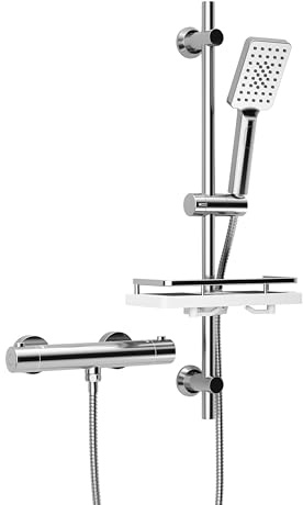 Görbach Duschsystem mit Thermostat, Edelstahl Duschset mit Armatur, Chrom | Brausestange Set mit Duscharmatur Komplettset, 3 Strahlarten Duschbrause, Duschstange 70 cm