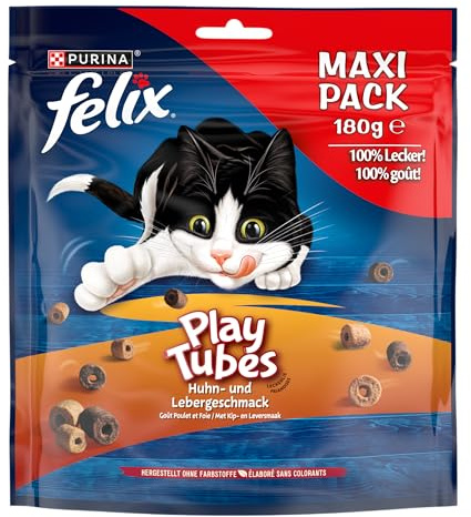FELIX Play Tubes Katzensnack, Leckerli zum Spielen, mit Huhn, 5 x 180g | Katzensnack mit Huhn- und Lebergeschmack