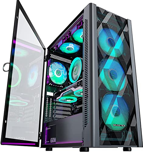 MUSETEX ATX PC Gehäuse Pre-Install 6 PWM ARGB Lüfter, Polygonal Mesh Computer Gaming Gehäuse, Öffnung gehärtetes Glas Seitenwand Mid-Tower Gehäuse, USB 3.0 x 2, Schwarz, NN8