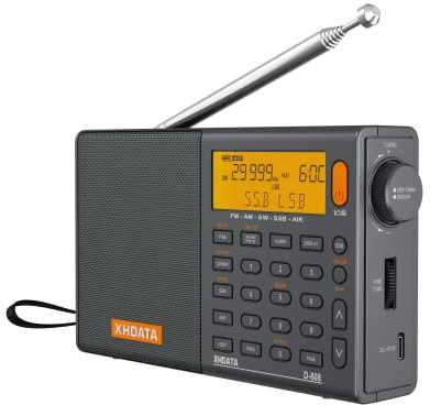 XHDATA D-808 Tragbares Digitales Radio UKW-Stereo/KW/MW/LW SSB RDS Air Band Multi-Band-Radio Lautsprecher mit LCD-Anzeige Wecker Externe Antenne und 2000 mah Chargeable Batterie (Grau)