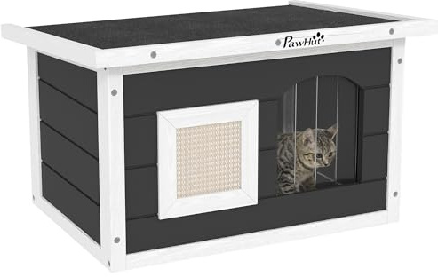 PawHut Katzenhaus aus Holz wasserdicht Katzenhütte mit klappbar Asphaltdach Kratzmatte herausnehmbar Boden Katzenhöhle Katzenkiste Katzenbox Outdoor Schutzhütte für Draußen Garten 61x45x36,5 cm, Grau
