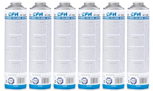 CFH Gaskartusche AT 2000, 6er-Set, EN 417, für Unkrautbrenner & Lötgeräte | 30 % Propan/70 % Butan, Schraubkartusche mit 7/16 – 28 UNEF Anschlussgewinde nach EN 417, TÜV SÜD Bauart geprüft