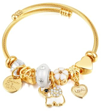 ATE Bettelarmband Vergoldeter Edelstahl Offenes Armband mit Beads und Charms Lebendiger Stil JWB212 (Elefant)