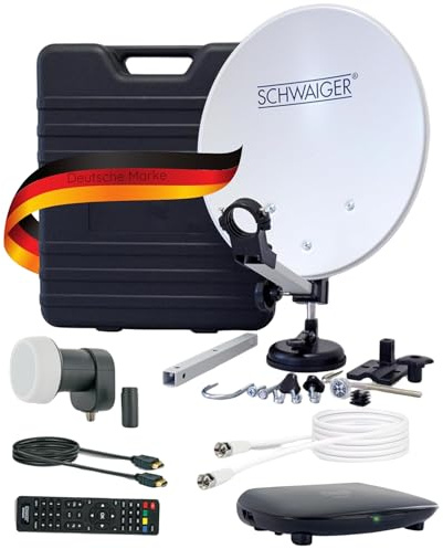 SCHWAIGER SAT-Camping Set I Satellitenanlage Komplettset I 35cm Stahl Offset Antenne, Single LNB, Full HD Receiver, 10m Koaxialkabel, Transportkoffer & Montagematerial I Mobile SAT-Anlage