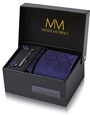 Massi Morino Krawatte Dunkelblau Quadrat mit Einstecktuch Set Herren inkl. Manschettenknöpfe, Krawattennadel und Geschenkbox | Männer Krawattenset zur Hochzeit