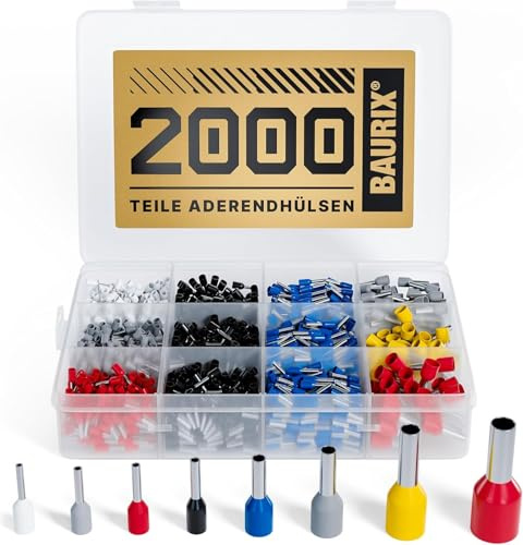 BAURIX ® 2000 Stück Aderendhülsen Sortiment I Isolierte Hülsen nach DIN 46228-4: 2020-03 I 0,5 mm² - 10 mm² I Profi Isolierhülsen Set