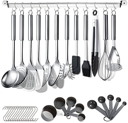 Berglander Küchenutensilien Set 38 teilig, Edelstahl Kochgeschirr Set, Küchenhelfer Kochgeschirr mit Utensilienhalter und Haken zum Aufhängen Spülmaschinenfest