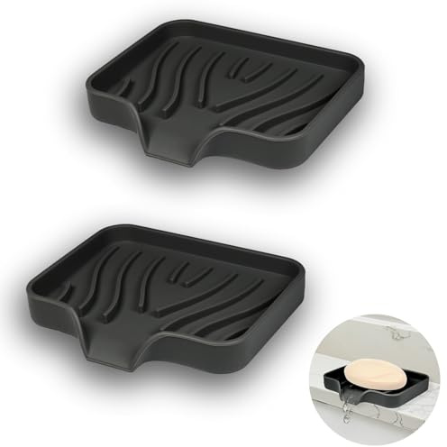 YoHyien 2 Stück Silikon Seifenschale mit Ablauf, Seifenschale Dusche, Seifenhalter Badewanne, Seifenablage Waschbecken, Seifenschalen für Badezimmer, Küche & Zähler (Schwarz)