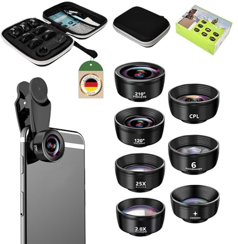 YONHESHI 7 in 1 Handy Kamera objektiv，Fischaugenobjektiv 210° Weitwinkel 120° Makroobjektiv (25x) Sternfilter Telephoto, Kaleidoscope,CPL/Star Filter für iPhone und die meisten Smartphones