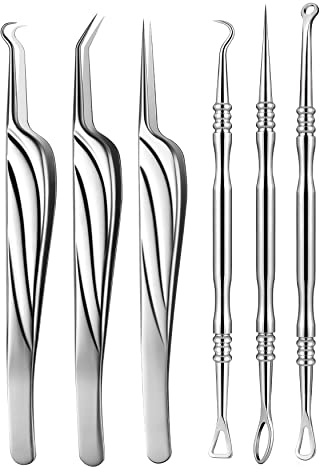 FVION Mitesserentferner Pickel Ausdrücken Werkzeug, Komedonenquetscher Set aus Voller Edelstahl 6 Stk, Akne Pinzette Mitesser Entferner für Nasen/Gesichtspflege - Blackhead Remover