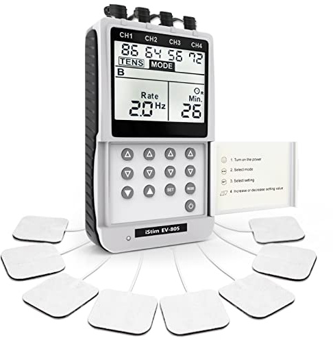 iStim EV-805 TENS EMS Gerät – 4-Kanal Reizstromgerät & Muskelstimulator zur Schmerztherapie – EMS Trainingsgerät für Rücken, Nacken, Schultern, Beine – mit 16 Elektrodenpads & AA-Batterien