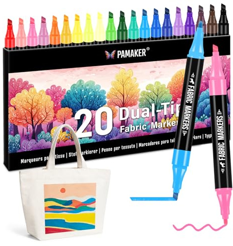 Pamaker 20 Textilstifte Dual Tip – Waschmaschinenfest und Permanent für T-Shirts, Stofftaschen, Schuhe und mehr – Ungiftig, ideal für Kinder und Erwachsene