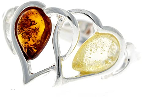 SilverAmber Jewellery Verstellbarer Ring aus 925er Sterlingsilber und baltischem Bernstein Doppelherz - GL713