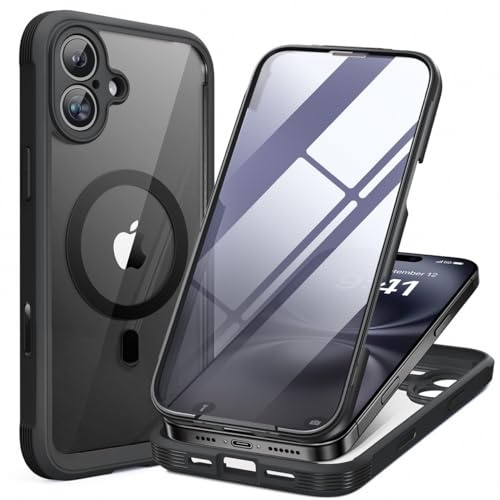 Miracase 360 Grad für iPhone 16 Hülle mit Magsafe, Eingebaut Glas Schutzfolie, Komplettschutz HandyHülle Magnetisch Stoßfest Case für iPhone 16 Schutzhüllen 6,1 Zoll, Schwarz