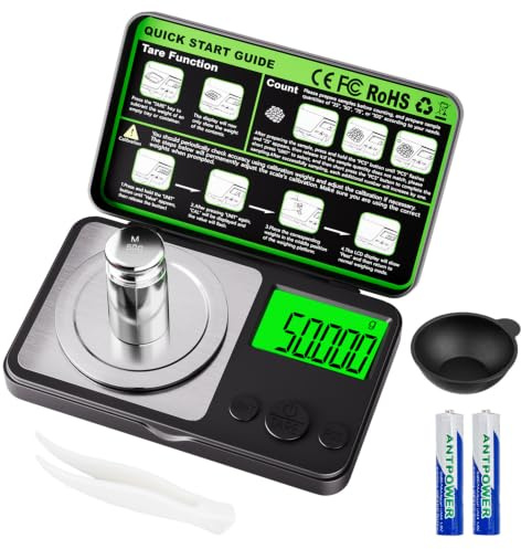 Wigearss 50g/0.001g Feinwaage Hochpräzise, Electronische Milligramm Waage, Digitalwaage mit Cal-Gewicht, Pinzette, Tray und Schaufel