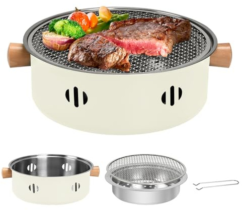 BSDLZCH tragbarer Holzkohlegrill, 1pc Mini BBQGrill Multifunktionaler Rauchfrei Runder Tisch-Holzkohlegrill für Indoor Outdoor Kochen HomeParty Picknick Camping (Beige)