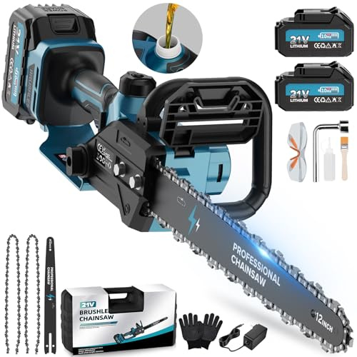12-Zoll-Akku-Kettensäge, 2x4000mAh Kabellose Elektrokettensäge, Kabellose Astsäge für Gartengeräte, Holzschneiden, Heimwerken (1800W Brushless) – PowerCut X13