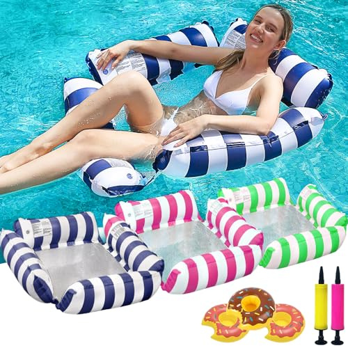 LUSTERMOON 3 Pack Pool Float Chair Lounge für Erwachsene, Aufblasbare Pool Floats 4-in-1 Mehrzweck-Poolschwimmer Wasserhängematte mit Getränkehaltern