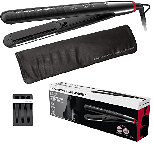 Rowenta x Karl Lagerfeld SF467L K/Pro Stylist Haarglätter, Keratin & Glow-Beschichtung, Ionen-Funktion, Federnd gelagerte Glättplatten, von 140°C bis 210°C, integrierter Kamm, Schwarz/Rot