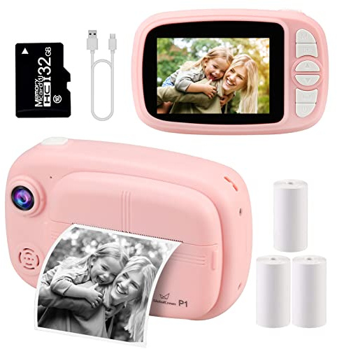 GlobalCrown Sofortbildkamera Kinder,Digitalkamera kinderkamera sofortbildkamera fotoapparat Kinder Kamera Geschenke für 3-12 Jahre Jungen Mädchen (einschließlich 4 Rollen Druckpapier und 32GB Karte)