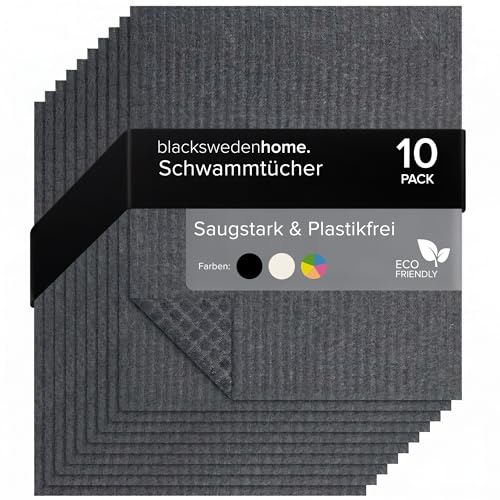blackswedenhome. Spültücher schwarz (Dunkelgrau) - 10er Pack schwedische Spüllappen aus Baumwolle & Zellstoff - waschbare Schwammtücher Küche, nachhaltige Küchentücher wiederverwendbar, Lappen