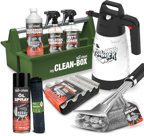 bio-chem Grillreinigungs Set 9-teilig mit Box | Mit Rauchharzentferner 1L, Fettlöser 750ml, Anti-Haft Spray, Edelstahlreiniger, Foamer & Zubehör
