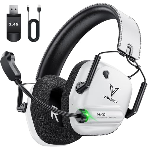 Vakedy Gaming Headset Wireless, 2,4 GHz USB & Bluetooth Gaming Kopfhörer mit Mikrofon, 50 mm Treiber, geringe Latenz, 50 Std Akku, Kopfhörer Kabellos für PS5, PS4, PC, Mac, Switch (Weiß/Schwarz)