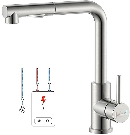APPASO Niederdruck Armatur Küche Ausziehbar, Niederdruck Küchenarmatur mit Brause, Wasserhahn Küche Niederdruck 3 Anschlüssen, Spültischarmatur mit 2 Strahlarten für Boiler