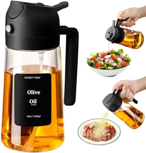 SWEET VIEW 2 in 1 Ölsprüher zum Kochen, 470ml Glasölflaschen/Olivenöl Sprühflasche für Salat, Grillen und Heißluftfritteuse (Schwarz)