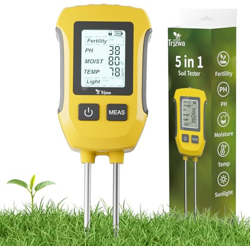 TRJZWA 5-in-1 Bodenmessgerät mit LCD-Display für Pflanzen, Garten & Rasen | Misst Bodenfeuchte,pH-Wert,Fruchtbarkeit,Temperatur und Lichtintensität in 8 Sekunden,Hohe Genauigkeit,Beleuchtetes Display