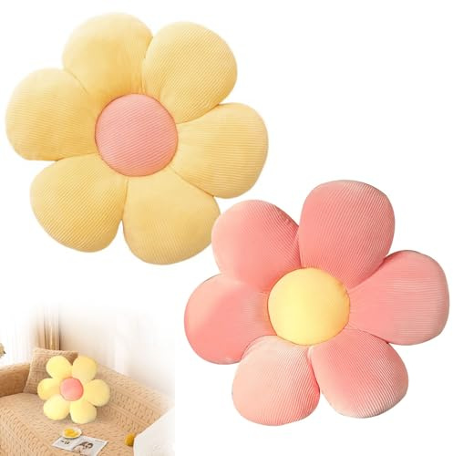 Blume Bodenkissen, 2 Stück Blumenbodenkissen Sitzkissen, 38x38cm Blumenboden Kissen Tatami Blumenförmiges, Weiches Blütenblattkissen, Kissen Blumenform für Schlafzimmer Sofa Couch(Rosa und Gelb)