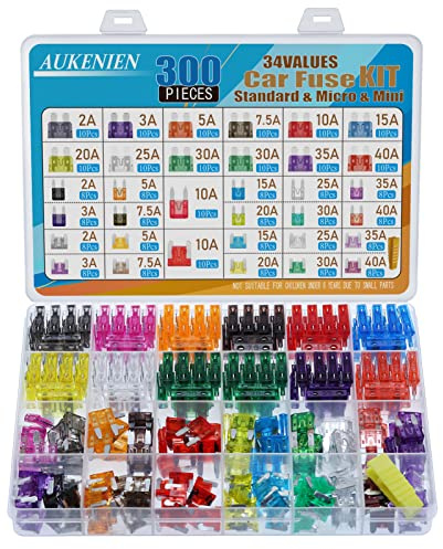 AUKENIEN 300 Stück KFZ Sicherungen Set Flachsicherungen Autosicherungen Standard Mini Micro Auto Sicherung 12V Gemischt 2A 3A 5A 7,5A 10A 15A 20A 25A 30A 35A 40A mit 1 Stück Sicherungszieher