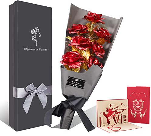 Rosenstrauß Gold, 7 Stück Goldrose Blumengeschenk für Frauen, Handgefertigt Goldfolie Künstlicher Rosenstrauß - mit Geschenkbox für Frau Freundin/ Muttertag/ Geburtstag/ Hochzeitstag/ Jahrestag (Red)