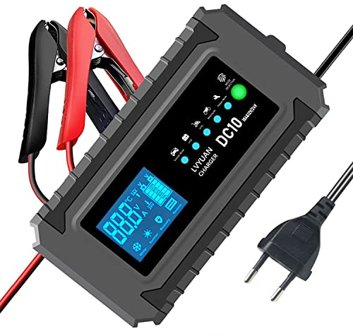 Autobatterie Ladegerät 10A 12V/24V Batterieladegerät Auto Vollautomatisches Intelligentes Erhaltungsladegerät mit LCD-Bildschirm, Ladegeräte für Autobatterien und Motorradbatterie