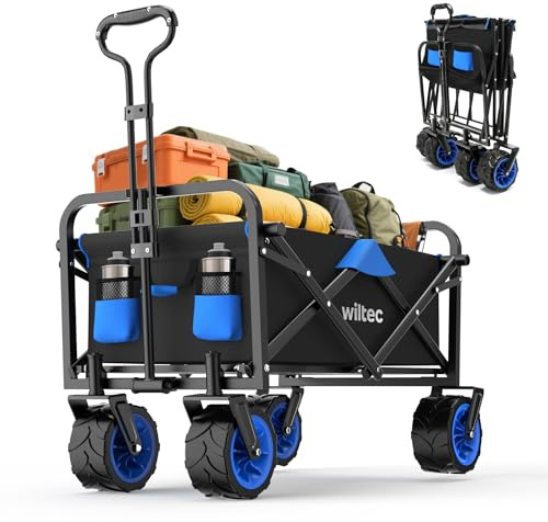 Wiltec Faltbarer Bollerwagen mit Breiten Rädern, Faltbollerwagen Offroad geeignet, Strandbollerwagen mit Handgriff, Stabiler Klappbollerwagen