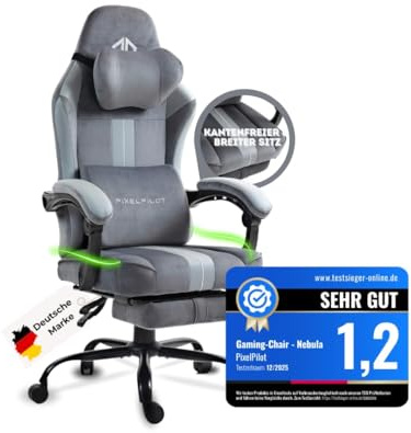 PixelPilot Gaming Stuhl Ergonomisch mit Fußstütze, Atmungsaktiver Stoff Gamer Stuhl, Bürostuhl mit Kopfstütze & Lendenstütze, Breite Sitzfläche, 150 kg (Grau)