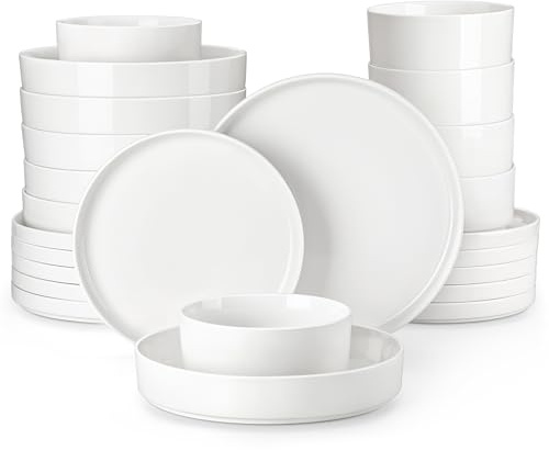 MALACASA Geschirrset 6 Personen, 24-tlg Modernes weißes Porzellan Geschirr Set, Schüssel- und Teller Set inkl. Speiseteller, Frühstücksteller, Suppenteller, Müslischalen, LEAH Tafelservice