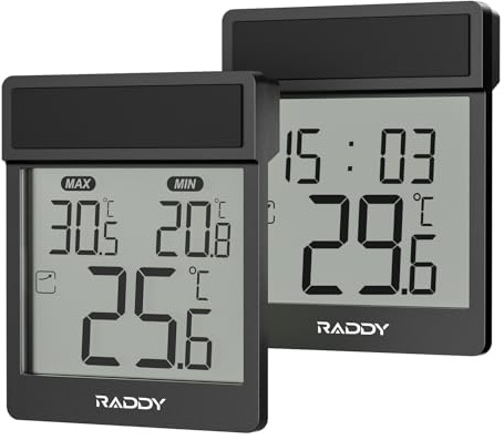 Raddy WT-1 Fenster-Thermometer mit Transparentem LCD, IP44 Wetterfest, Max/Min Datensätze, Batteriebetriebenes Digitalthermometer für Innen & Außen, ideal für Gewächshausfenster, 2er-Set (schwarz)