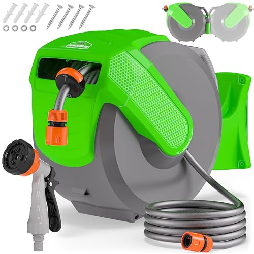 GARDEBRUK® Schlauchtrommel 30 + 2m Schlauchaufroller Wasser Handbrause 7 Funktionen 180° Schwenkbar Aufwickelstopper Gartenschlauch Grün