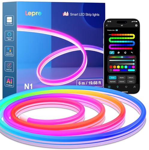 Lepro Neon AI LED Strip 6m, RGB LED Streifen mit App-, Musik- und Sprachsteuerung, kompatibel mit Alexa & Google Assistant, für Wohnzimmer, Gaming, Party, Wanddeko, Personalisierter KI-Lichtdesigner