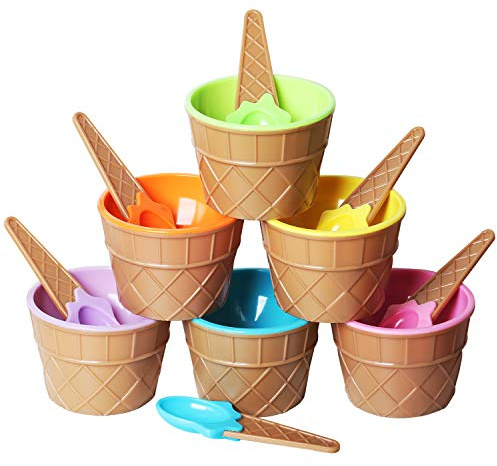 TRIXES 6-teiliges Eisschalen-Set – Buntes Waffel-Design mit passenden Löffeln – Robuste Kunststoffschalen für Kinder