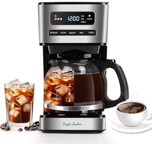 Taylor Swoden Kaffeemaschine 1,8L mit 24H Timer, Eiskaffee-Modus, 3-stufige Stärkeauswahl automatische Reinigung, Filterkaffeemaschine mit Glaskanne & Tropf-Stopp, Wiederverwendbarem Filter, Schwarz