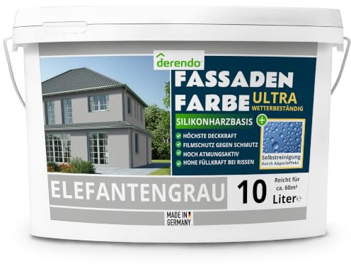 Derendo Fassadenfarbe Grau ULTRA Silikonharzfarbe Elefantengrau aussen 10l | Für Putz Beton, Abperleffekt, wasserabweisend, UV-beständig, hohe Deckkraft, rissfüllend, diffusionsoffen, Made in Germany,