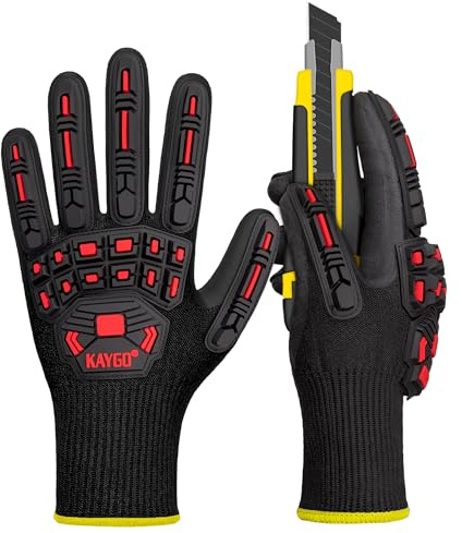 KAYGO Anti Impact Arbeitshandschuhe mit TPR Schutz, Schnittfest Level C, Nitril Beschichtet Gut Grip, Impact Verringerung Handschuhe für Bau, Tischlerei, DIY, Lager, KG30N (Schwarz Rot, L, Gr 9)