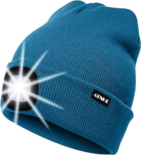 ATNKE LED Beleuchtete Mütze,Wiederaufladbare USB Laufmütze mit Licht Extrem Heller 4 LED Lampe Winter Warme Stirnlampe für Herren und Damen Geschenke