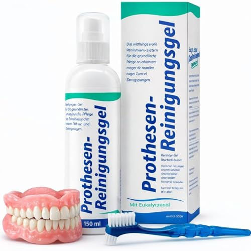 KK Prothesen-Reinigungsgel | 150 ml Dosierflasche | inkl. Reinigungsbürste | Prothesenreiniger für Zahnprothesen, Zahnspange & Aligner - Aufbissschienen