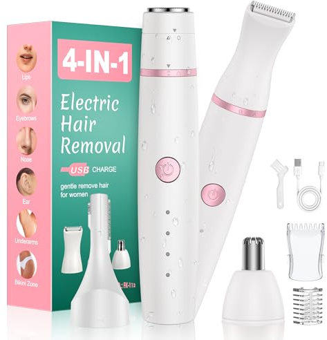 Rasierer Damen,4-In-1 Intimrasierer für Frauen,Gesichtshaarentferner,Nasenhaartrimmer&Augenbrauenrasier, Trocken&Nass Damenrasierer Elektrisch für Bikinizone,Gesicht,Nase/Ohren,IPX6&USB Aufladung Weiß