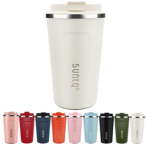 SUNTQ Kaffeebecher to go aus Edelstahl - Thermobecher Doppelwand Isoliert - Kaffeetasse mit Auslaufsicherem Deckel Wiederverwendbar (Weiß Creme, 510ml)