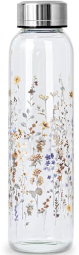 WENLIM 500ml Trinkflasche Glas Wasserflasche 0.5 liter auslaufsiche Glasflasche 0.5l klein Borosilikatglas Flasche mit Schutzhülle (Blühende Blumen)